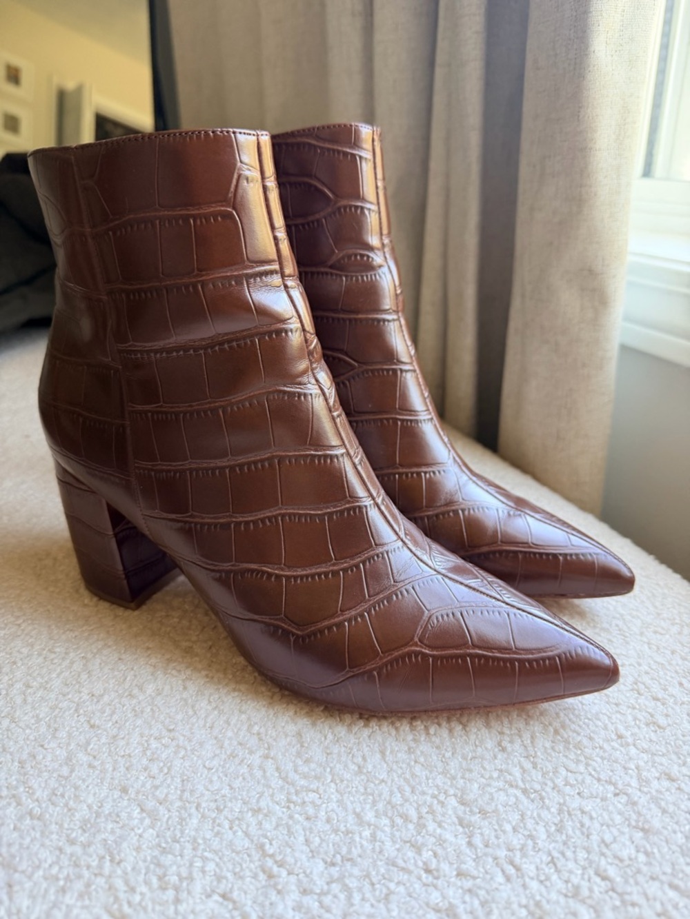 Marc Fisher Croc-Embossed Brown Pointed Toe Ankle Boots